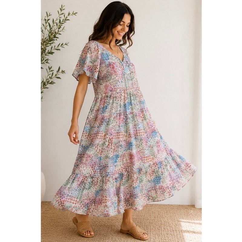 Roller Rabbit Cotton Silk Patchwork Flutter Sleeve Tiered Midi Dress L